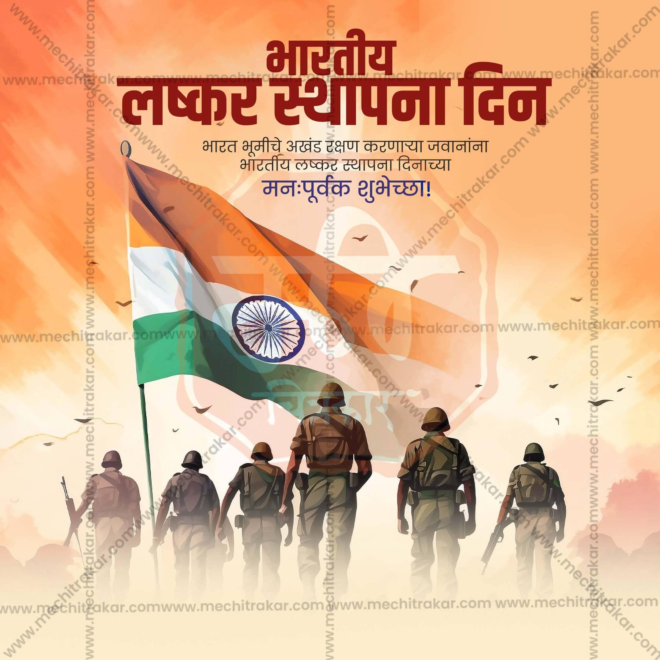 Illustration of Indian soldiers walking with large Indian flag, honoring Indian Lashkar Sthapana Din