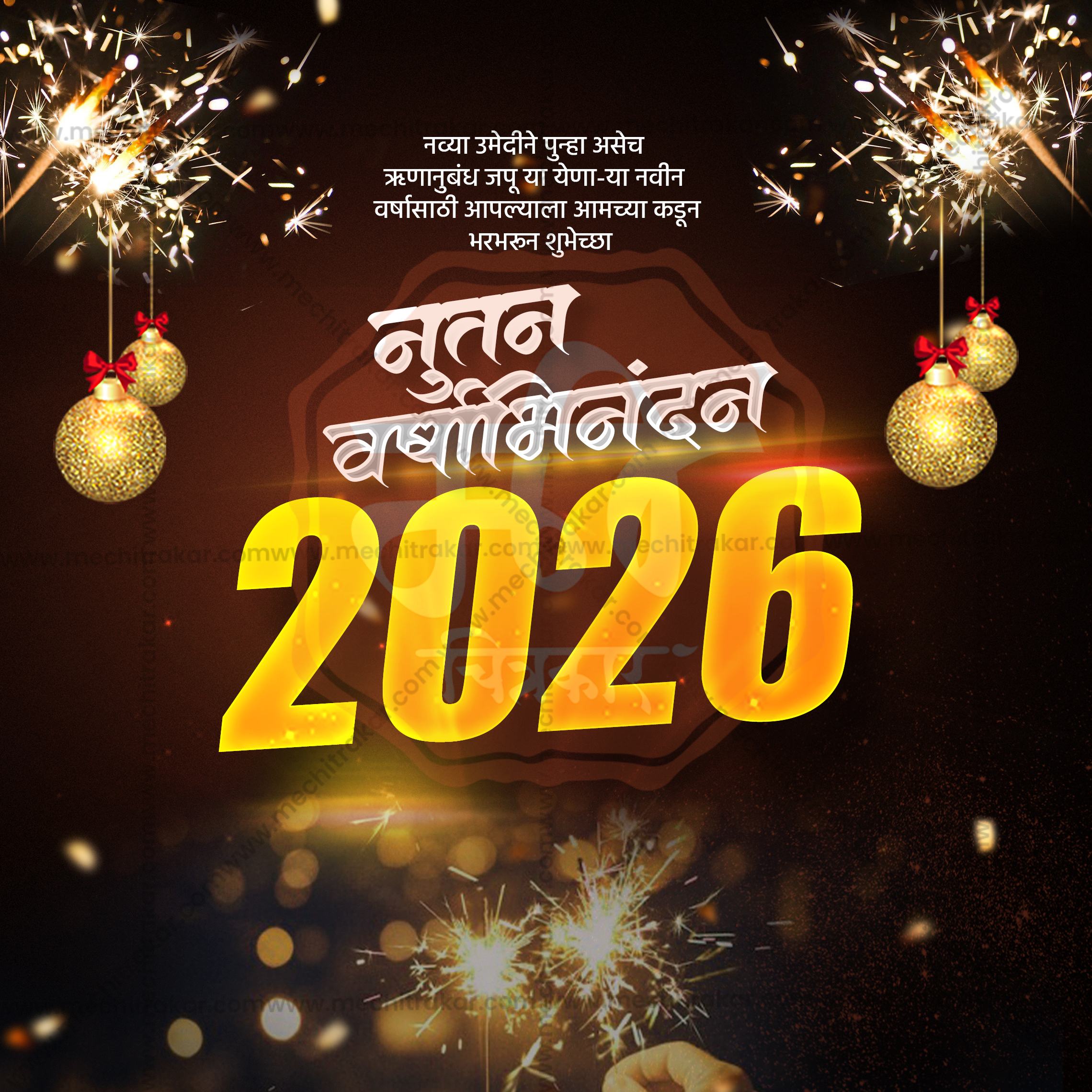 2025 New Year greeting card in Marathi with golden text, red flowers, and decorative gold ornaments on dark green background