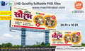 Editable PSD design for a 20 Ft x 10 Ft family restaurant flex banner featuring Indian, South Indian, and Chinese food thalis with price highlights