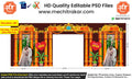 Editable Wedding Entry Gate PSD Template – Bright Floral Arch with Tulsi, Decorative Pillars & Couple Portraits – 45x17 ft Indian Kaman Design